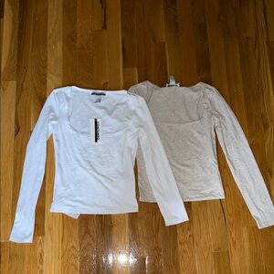 Long Sleeve Scoop Neck Tee - White and Light Heather - Unknown Brand